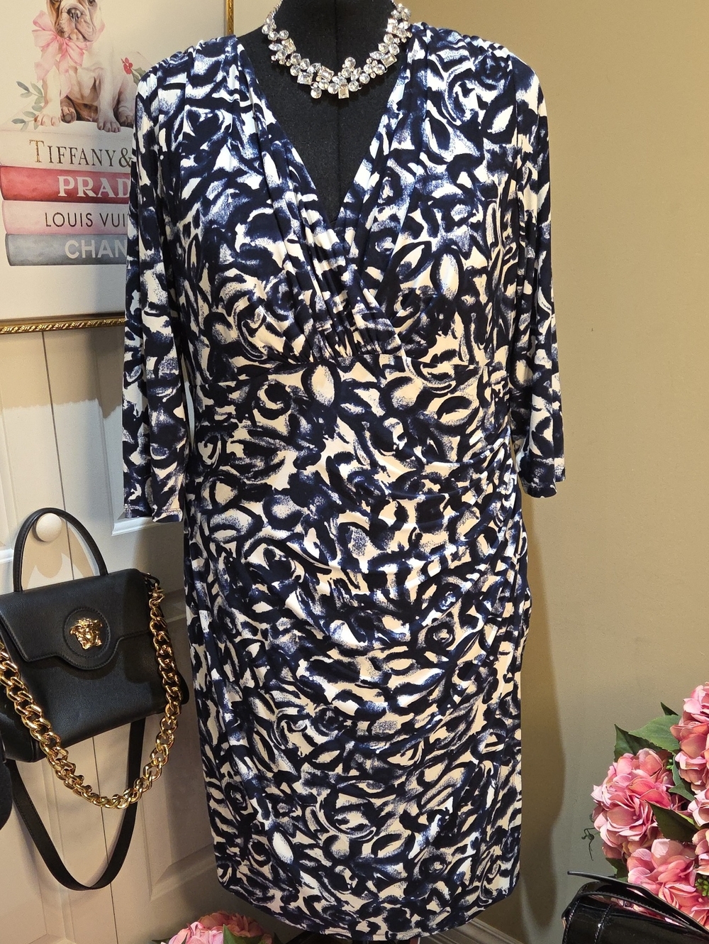 Nwot 20W Ralph Lauren Navy and White Printed Midi Dress